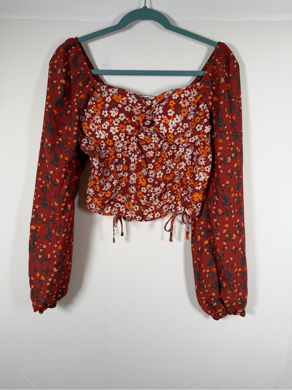 Rust Floral Long-Sleeve Smocked Back Crop Top Coquette, Fall, Cottage